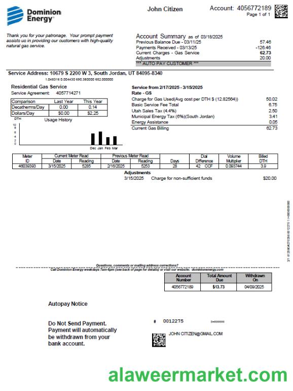 USA Dominion Energy utility bill template in Word and PDF formats, version 3